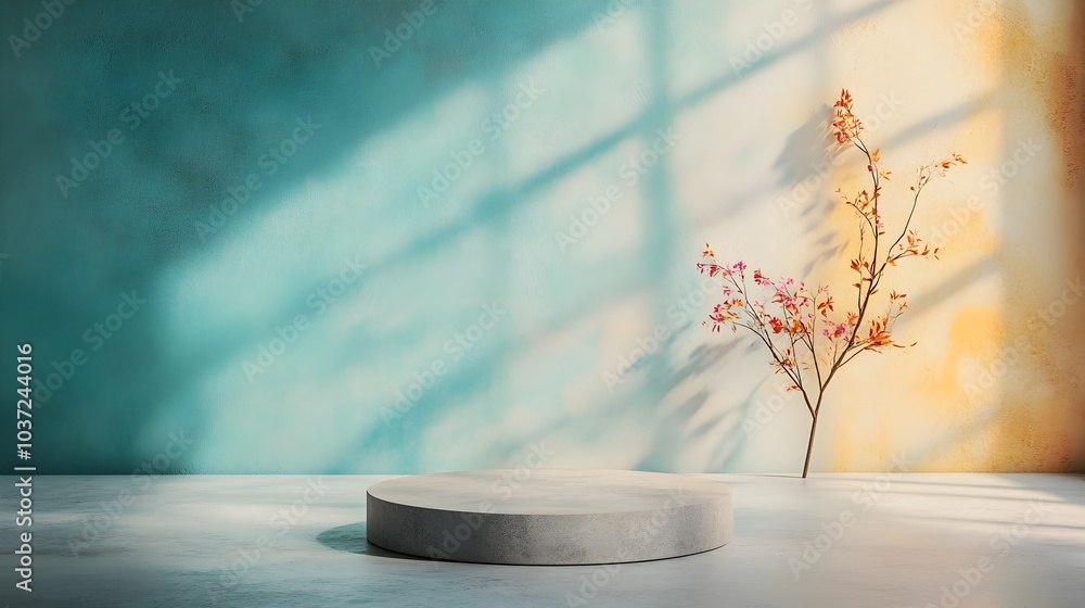 Poster Futuristic 3D Product Showcase in Sleek Minimalist Studio Setting with Metallic Accents Bare Concrete Walls and Luminous Product Plinth with Gradient Shadows from Large Window