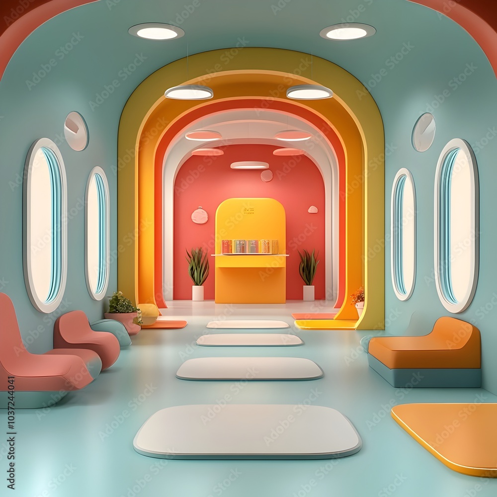 Poster futuristic 3d studio environment bathed in vibrant neon hues featuring sparse furnishings and angula