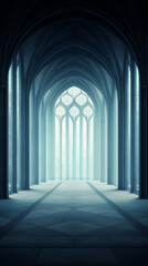 Fototapeta premium A long, narrow hallway with a large stained glass window at the end.