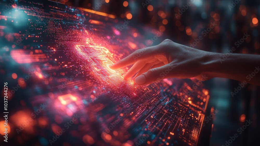 Poster a hand interacting with a futuristic digital interface filled with glowing data.