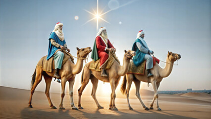 Three wise men riding camels in desert with festive attire and Christmas hats