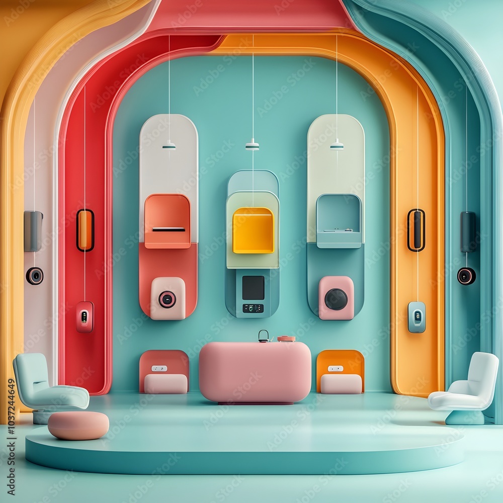 Poster futuristic 3d studio environment bathed in vibrant neon hues featuring sparse furnishings and angula