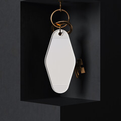 Hanging keychain with gold vintage key mockup. 3D rendering