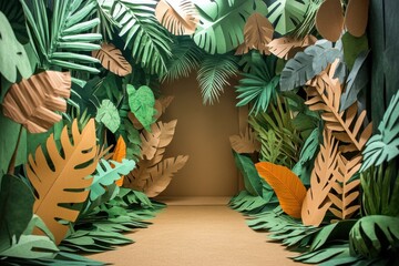 A paper jungle scene with green and brown leaves