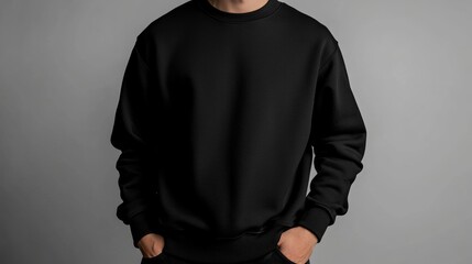 Black Sweatshirt Front View with Hands in Pockets on Neutral Background
