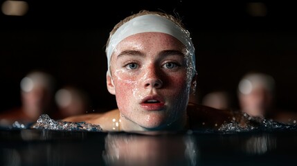 Young swimmer preparing to dive into the pool during training at an indoor facility
