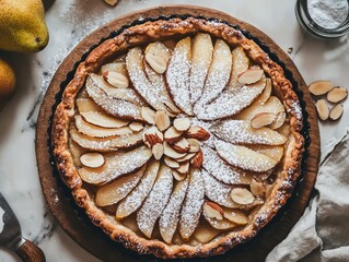 Delicious pear tart with almonds and powdered sugar.