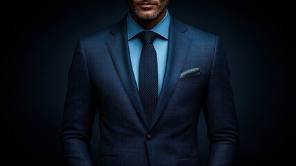 A close-up of a man in a tailored blue suit, exuding professionalism and confidence.