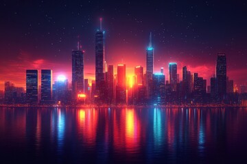 Obraz premium A vibrant city skyline at sunset, reflecting colorful lights on the water.