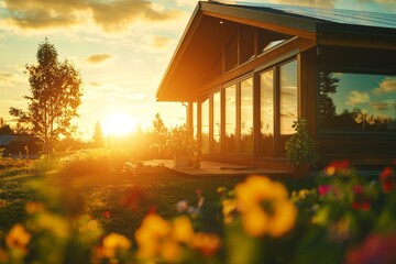 Fototapeta premium A modern home bathed in the golden light of a sunset.