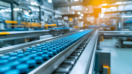 Obraz premium Blue Capsules on a Conveyor Belt.