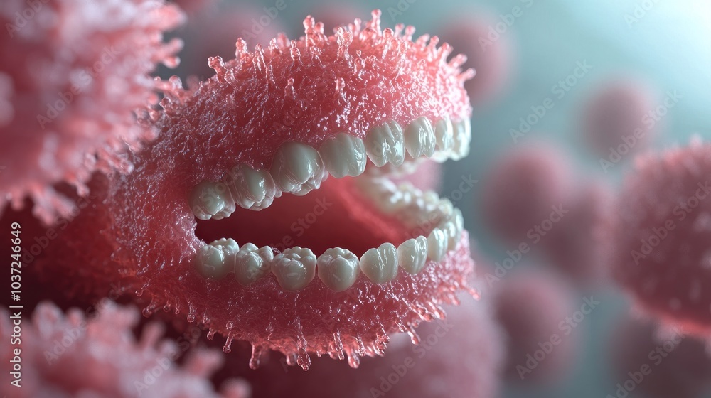 Poster abstract representation of cells with a mouth-like structure, emphasizing biological themes.