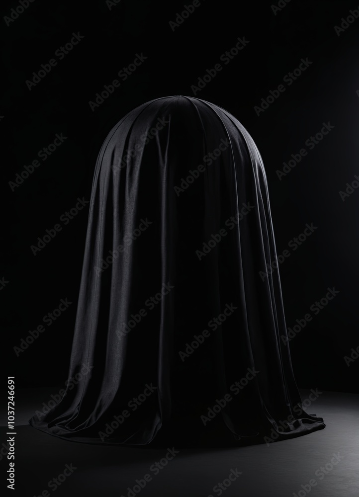 Poster large spherical object draped in black fabric, placed on a dark platform. the mysterious atmosphere 