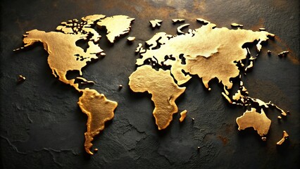 Gold Relief World Map Drone Photography with Dark Background for Global Geography Art