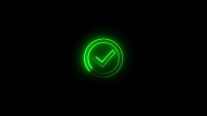 Glowing neon Tick mark icon isolated Shield .Neon Yes mark icon .4k 