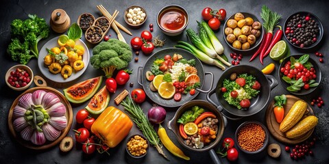 Gourmet Food Collection on Black Background - Culinary Art Photography