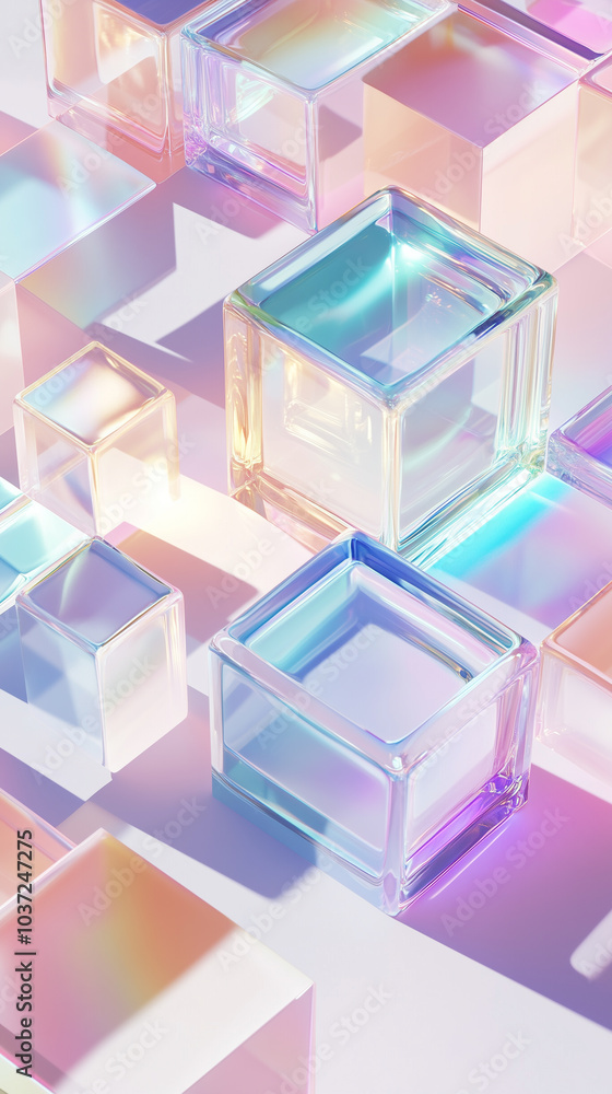 Poster vertical modern abstract background 3d isometric grid of cubes with shadow rainbow spectrum effects 