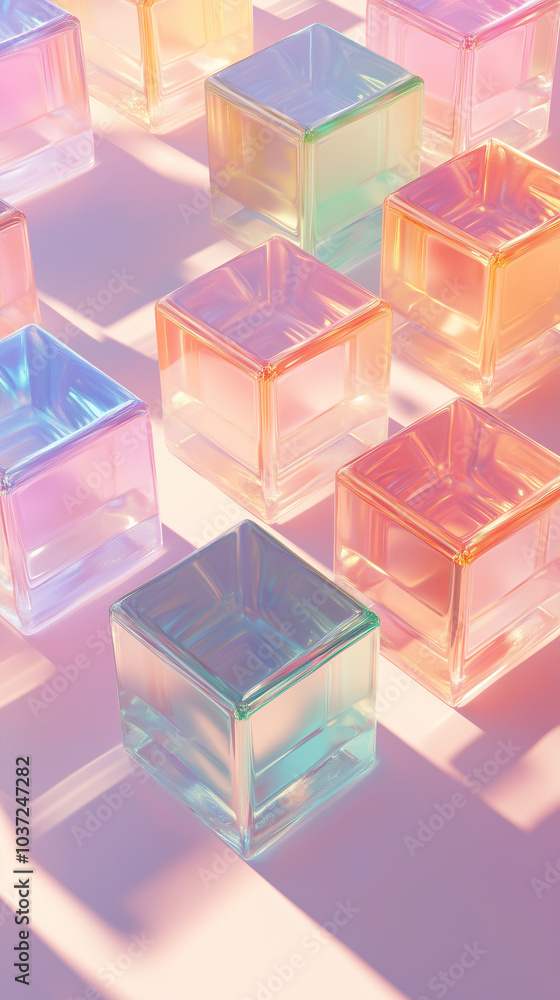 Poster vertical modern abstract background 3d isometric grid of cubes with shadow rainbow spectrum effects 