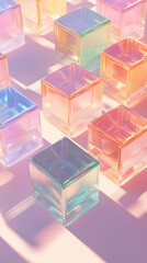 Vertical Modern Abstract background 3D isometric grid of cubes with shadow rainbow spectrum effects and iridescent glass textures