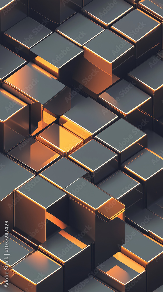 Poster vertical modern abstract background 3d isometric grid of cubes with shadow metallic gold and bronze 