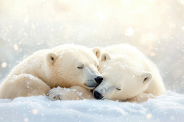 Naklejka premium Two polar bears cuddling in the snow during a snowy winter scene.