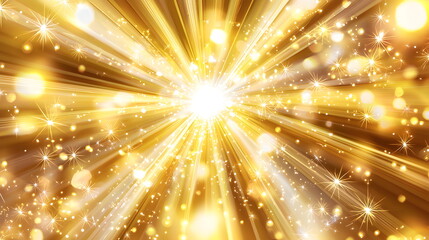 A bright yellow background with rays of light and sparkles, suitable for summer or sunshine themes. Vector illustration. The sun shines brightly in the center of the frame, surrounded by sparkling 