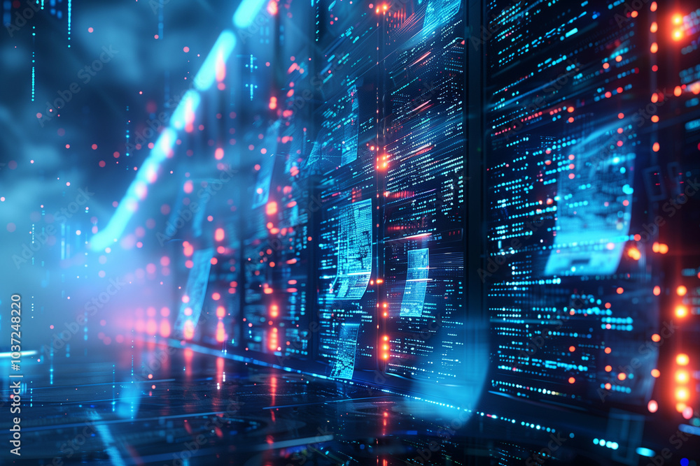 Poster futuristic digital data center: blue neon lights and streaming data visualization in high-tech serve