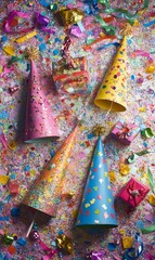 Colorful party hats, confetti, and gifts.
