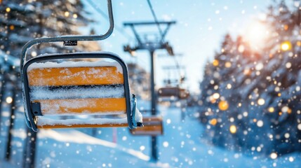 Winter morning at a snowy ski resort with empty chairlift and falling snowflakes under bright sunlight