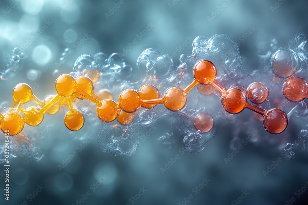 Poster abstract representation of molecular structure with bubbles and light effects.