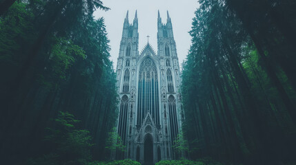 Obraz premium A towering cathedral stands tall in a misty forest, surrounded by lush greenery.