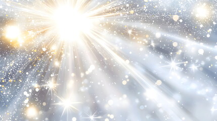 A bright gray background with rays of light and sparkles, suitable for summer or sunshine themes. Vector illustration. The gray sun shines brightly in the center of the frame, surrounded by sparkling 