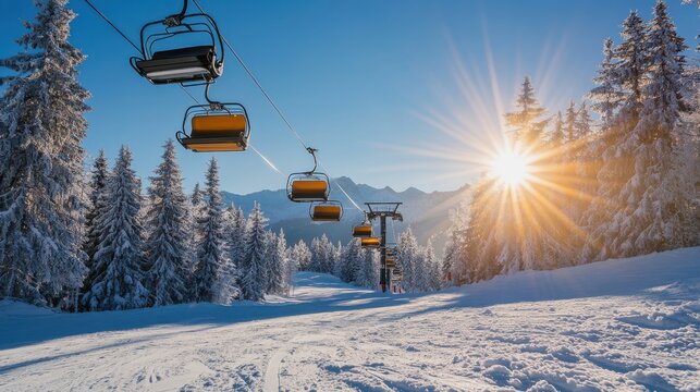 A serene winter landscape featuring ski lifts in a snowy mountain area during sunset with vibrant colors in the sky