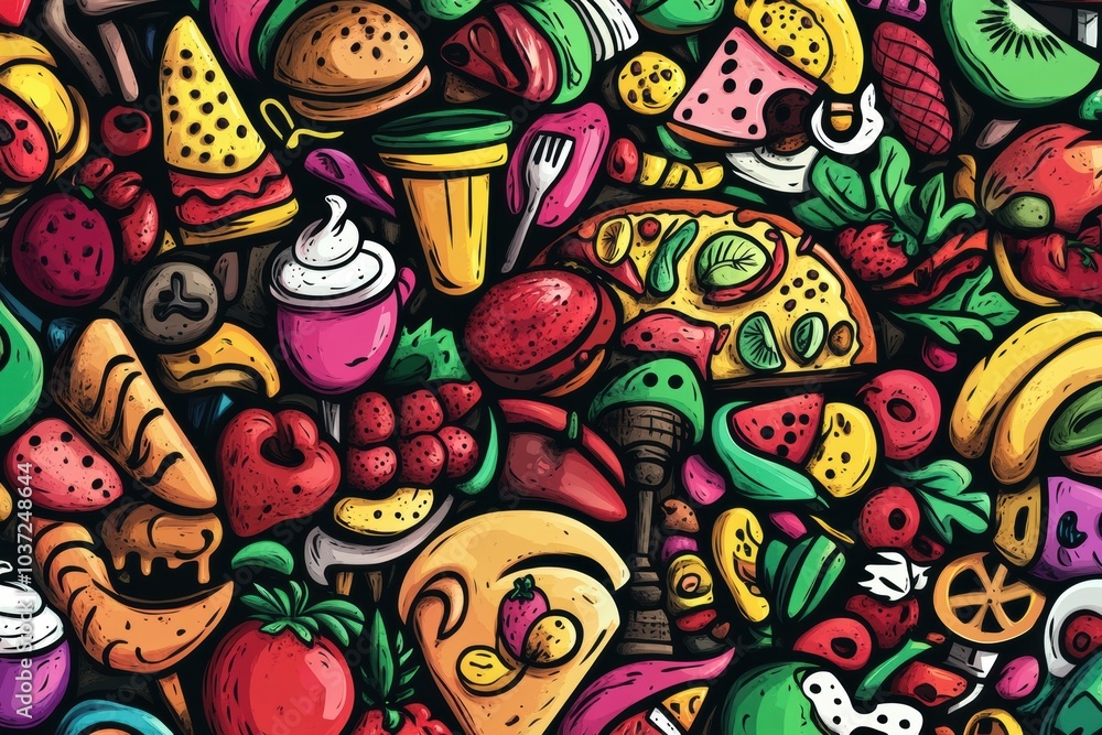 Poster this artwork features an array of playful doodles representing delicious foods such as pizza, ice cr