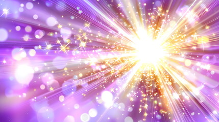 A bright purple background with rays of light and sparkles, suitable for summer or sunshine themes. Vector illustration. The purple sun shines brightly in the center of the frame, surrounded sparking