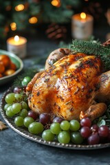 Beautifully roasted turkey on a festive table surrounded by fruits and holiday decorations