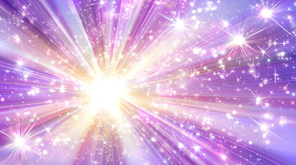 A bright purple background with rays of light and sparkles, suitable for summer or sunshine themes. Vector illustration. The purple sun shines brightly in the center of the frame, surrounded sparking