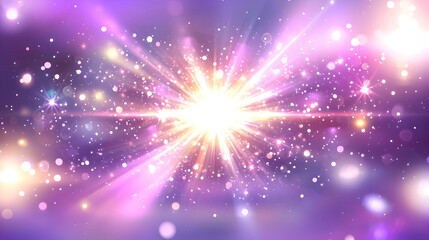 Fototapeta premium A bright purple background with rays of light and sparkles, suitable for summer or sunshine themes. Vector illustration. The purple sun shines brightly in the center of the frame, surrounded sparking