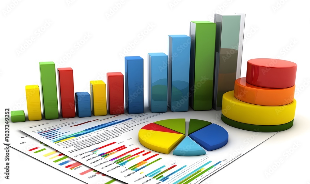 Poster A colorful 3D representation of various graphs and charts displaying data trends and statistics.