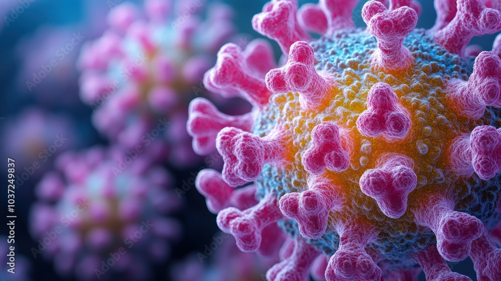 Poster close-up view of a virus structure, illustrating its complex features and colors.