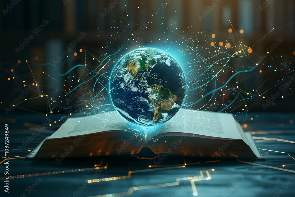 Poster a visually captivating image depicting an open book emitting a glowing earth surrounded by digital c