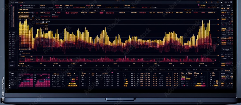 Poster a data visualization display showing financial market trends and analytics.