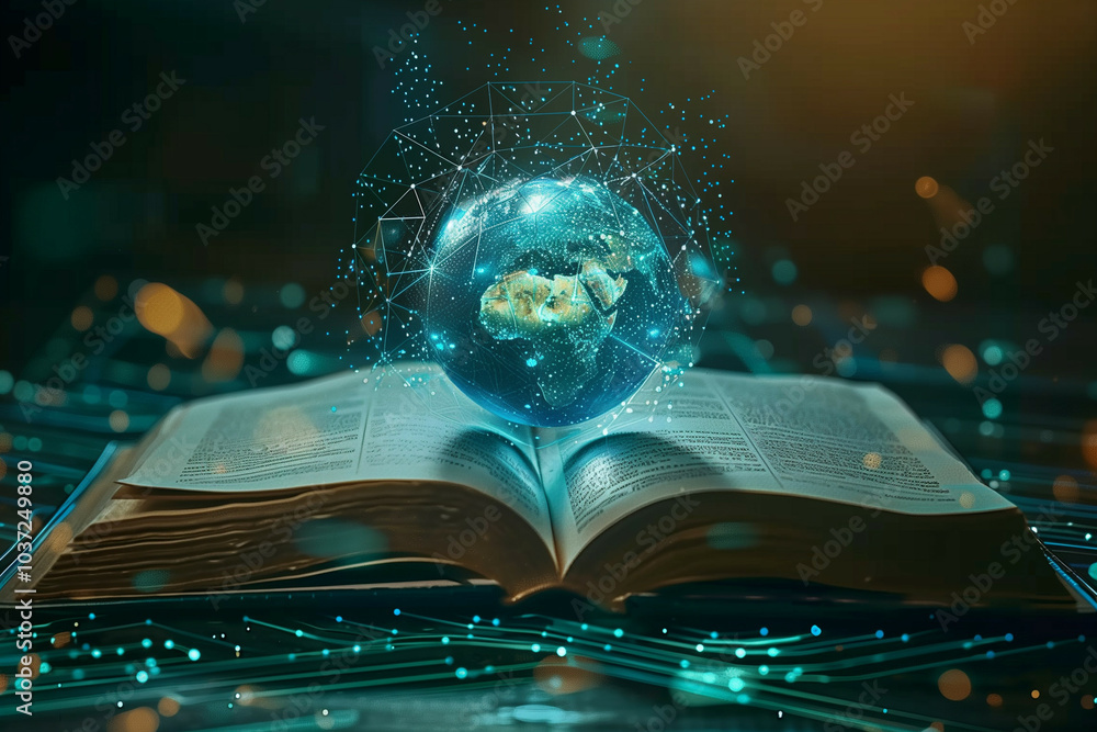 Poster a visually captivating image depicting an open book generating a digital, holographic globe surround