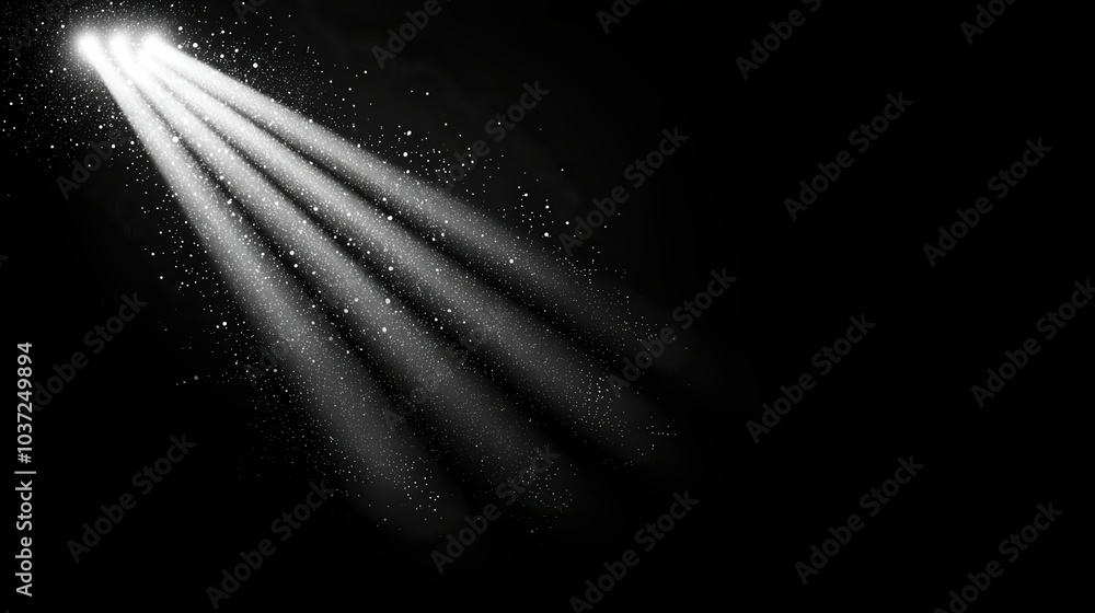 Poster abstract light rays with sparkling particles on a black background, creating a dramatic visual effec