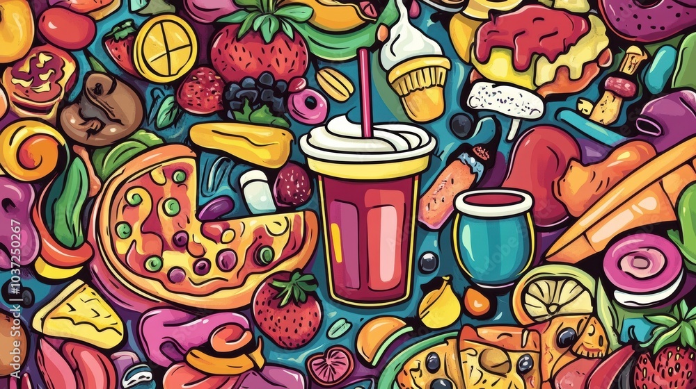 Poster a playful collection of fun doodles featuring an array of foods including pizzas, ice creams, fruits