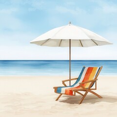Beach chair and umbrella on serene sandy shore with calm ocean waves.