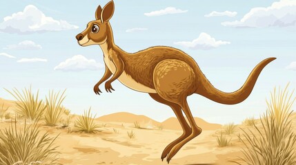 Cartoon Kangaroo Hopping in the Outback.