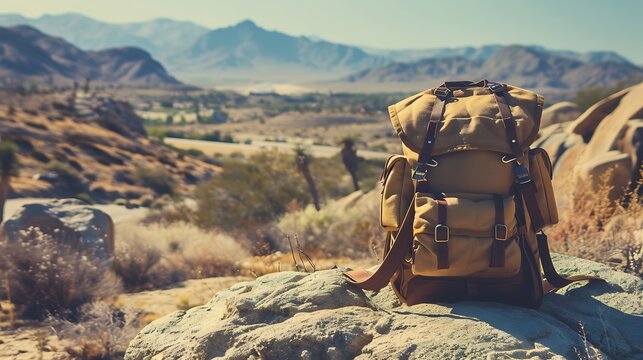 A desert backpack propped up against a rock