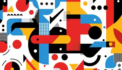 An eclectic mix of geometric shapes, arrows, and fragmented imagery, combining retro patterns with modern aesthetics.