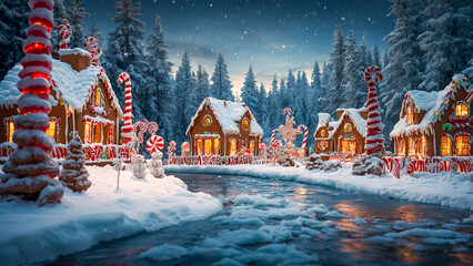 AI-generated image of a winter wonderland of Christmas spirits, where gingerbread houses and candy cane trees come to life